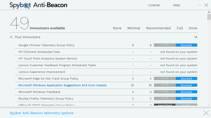 Beispiel für eine Immunizer-Liste von Anti-Beacon auf einem PC.