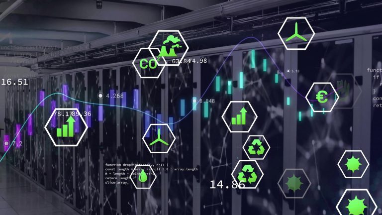 Rechenzentrum: Racks, grüne Eco Symbole, Data Center, Rechenzentren