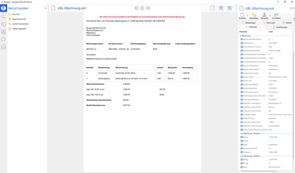 Ein DMS/ECM wandelt XML-Daten automatisch in eine für Menschen lesbare Ansicht um. Quelle: Amagno.