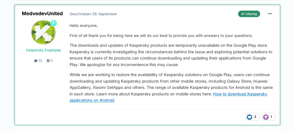 Screenshot 2024 10 07 at 10 48 58 Is Kaspersky blocked removed from Google Play Kaspersky Basic Standard Plus Premium Kaspersky Support Forum