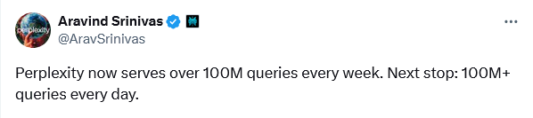 Screenshot 2024 10 31 at 10 01 24 Aravind Srinivas on X Perplexity now serves over 100M queries every week. Next stop 100M queries every day. X