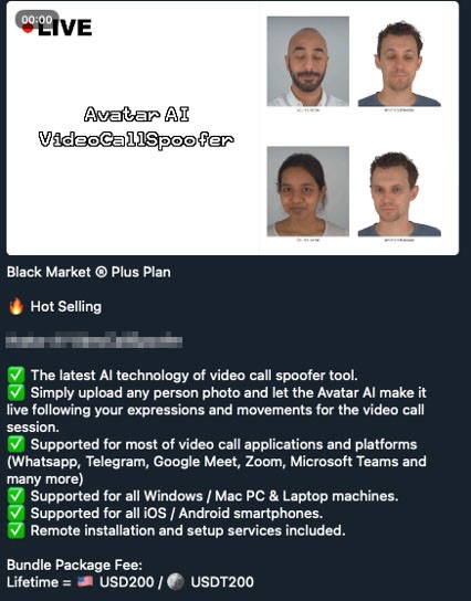 Werbeanzeige für die Fähigkeiten des Avatar AI VideoCallSpoofer