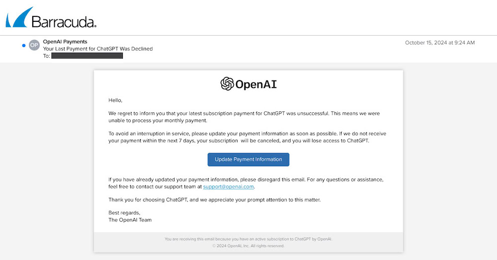 Barracuda hat eine groß angelegte Phishing-Kampagne entdeckt, bei der sich Cyberkriminelle als OpenAI ausgeben.