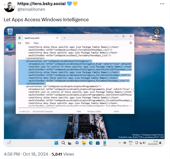 Screenshot 2024 11 04 at 09 02 18 https tero.bsky .social 💙💛 on X Let Apps Access Windows Intelligence https t.co gbyU4JdmG5 X
