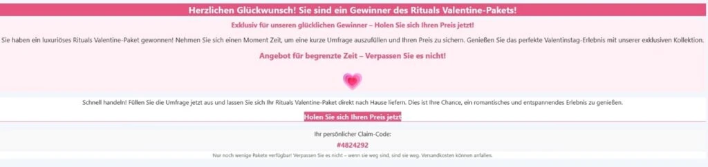 Vermeintliche Gewinnbenachrichtigung in Phishing-Nachrichten zum 14. Februar.