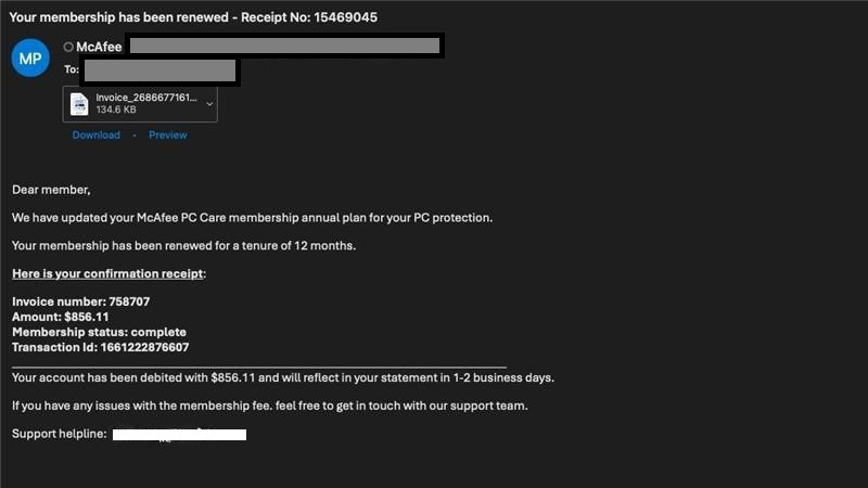 Phishing-Mail, die den Namen von McAfee missbraucht und ein abgelaufenes Abonnement suggeriert 